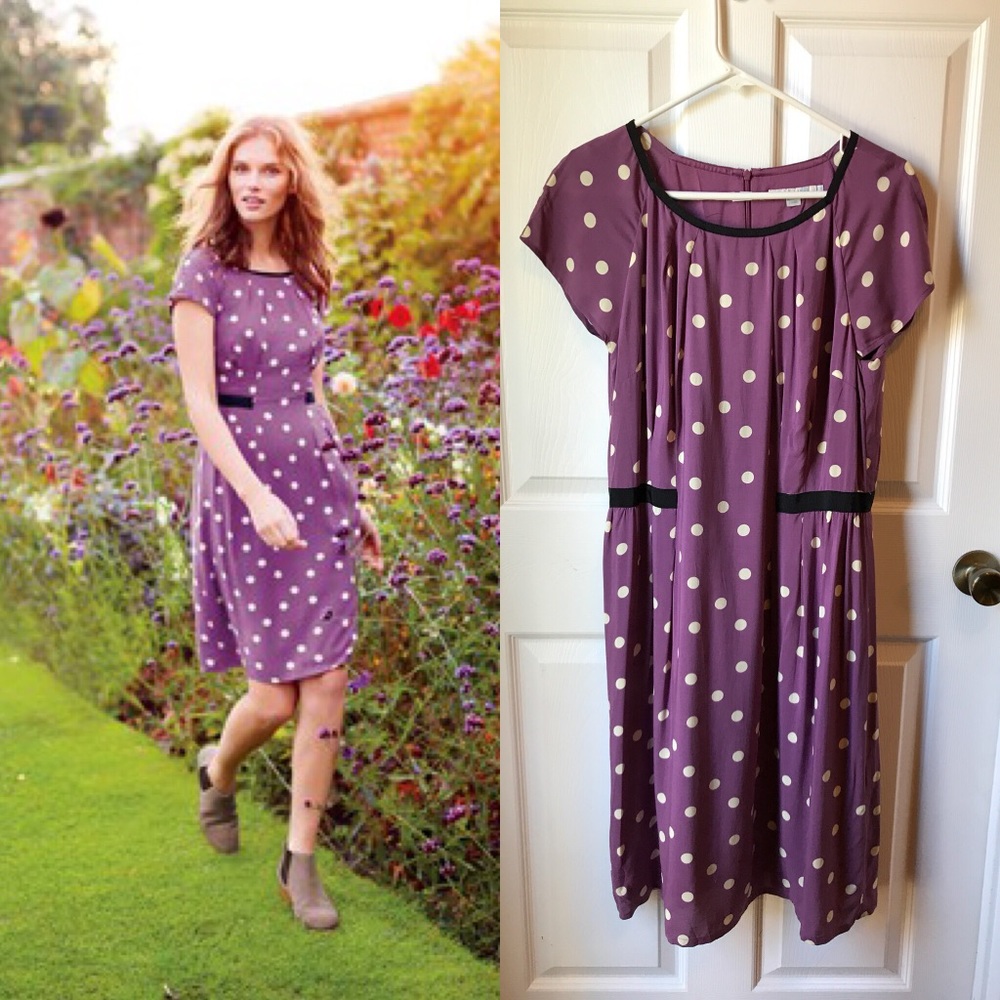 Boden Easy Day Dress 10L Purple Cream Polka Dot